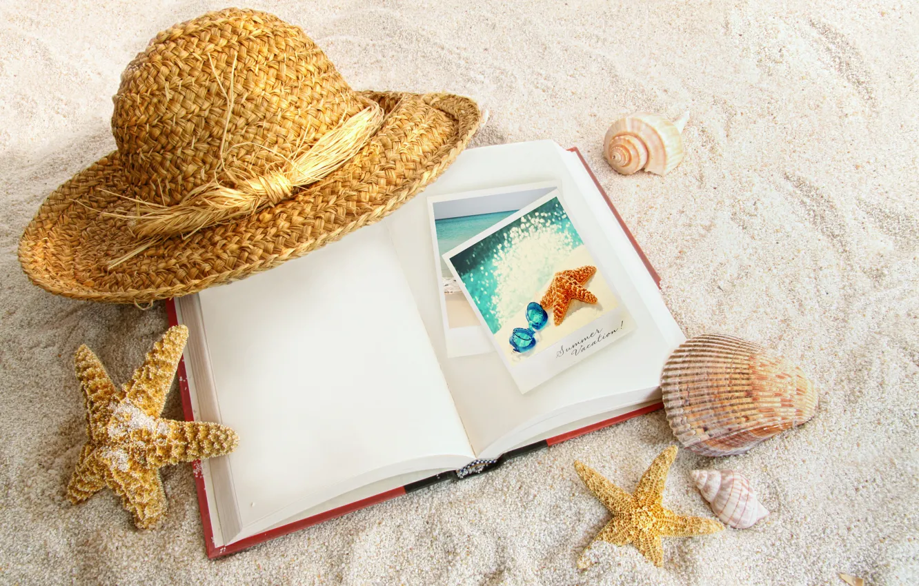 Photo wallpaper sand, hat, book, shell, starfish