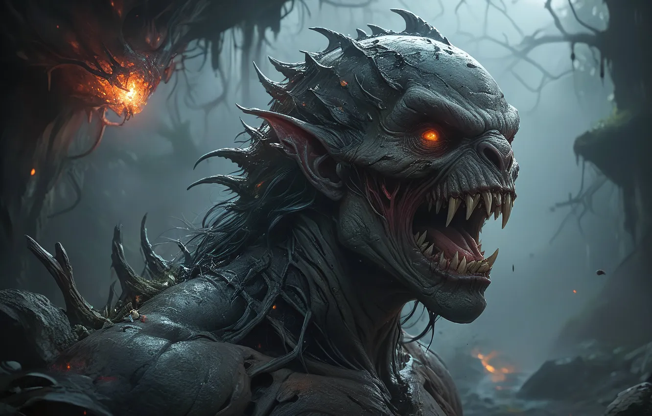 Photo wallpaper monster, mouth, fangs, glowing eyes