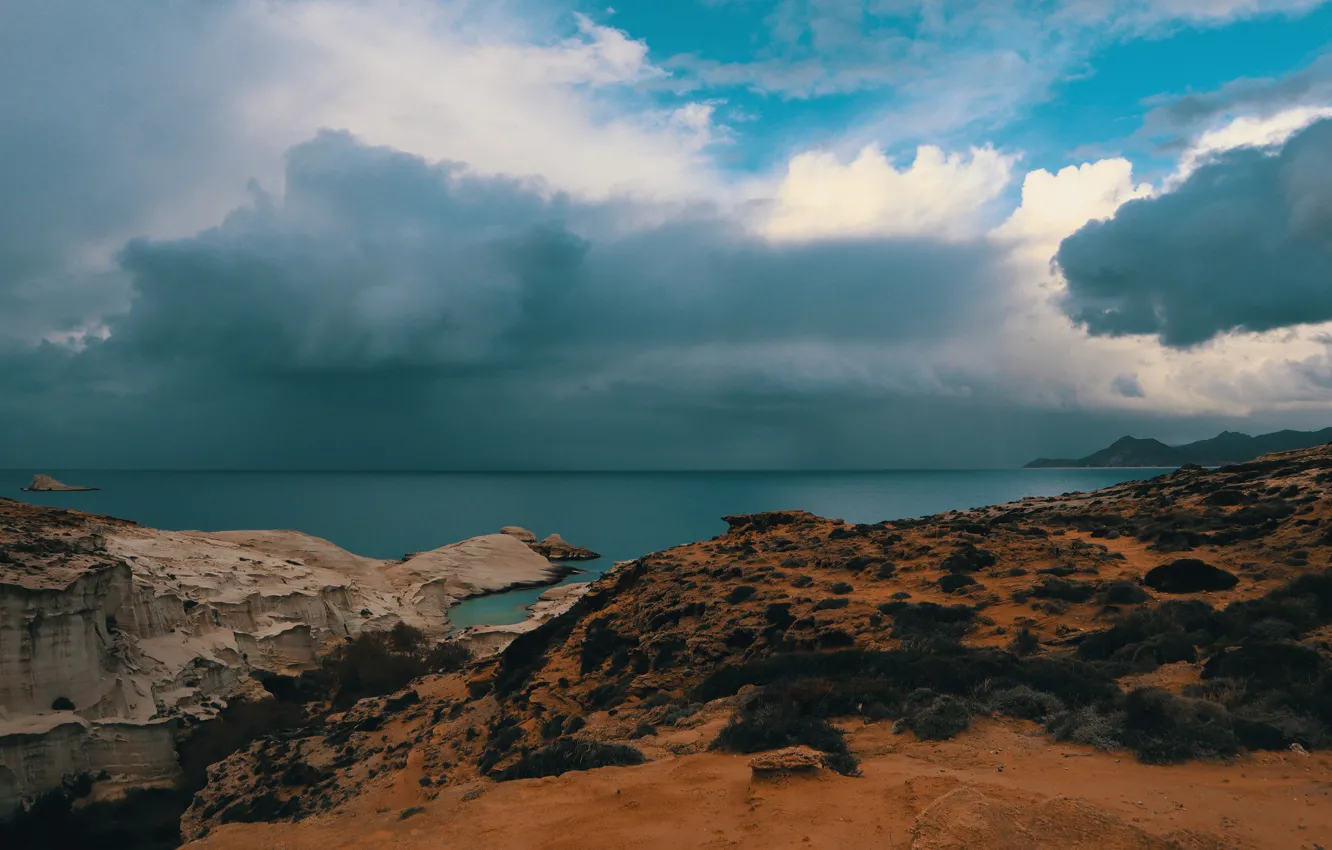 Photo wallpaper sand, sea, clouds, clouds, blue, rocks, shore, vegetation