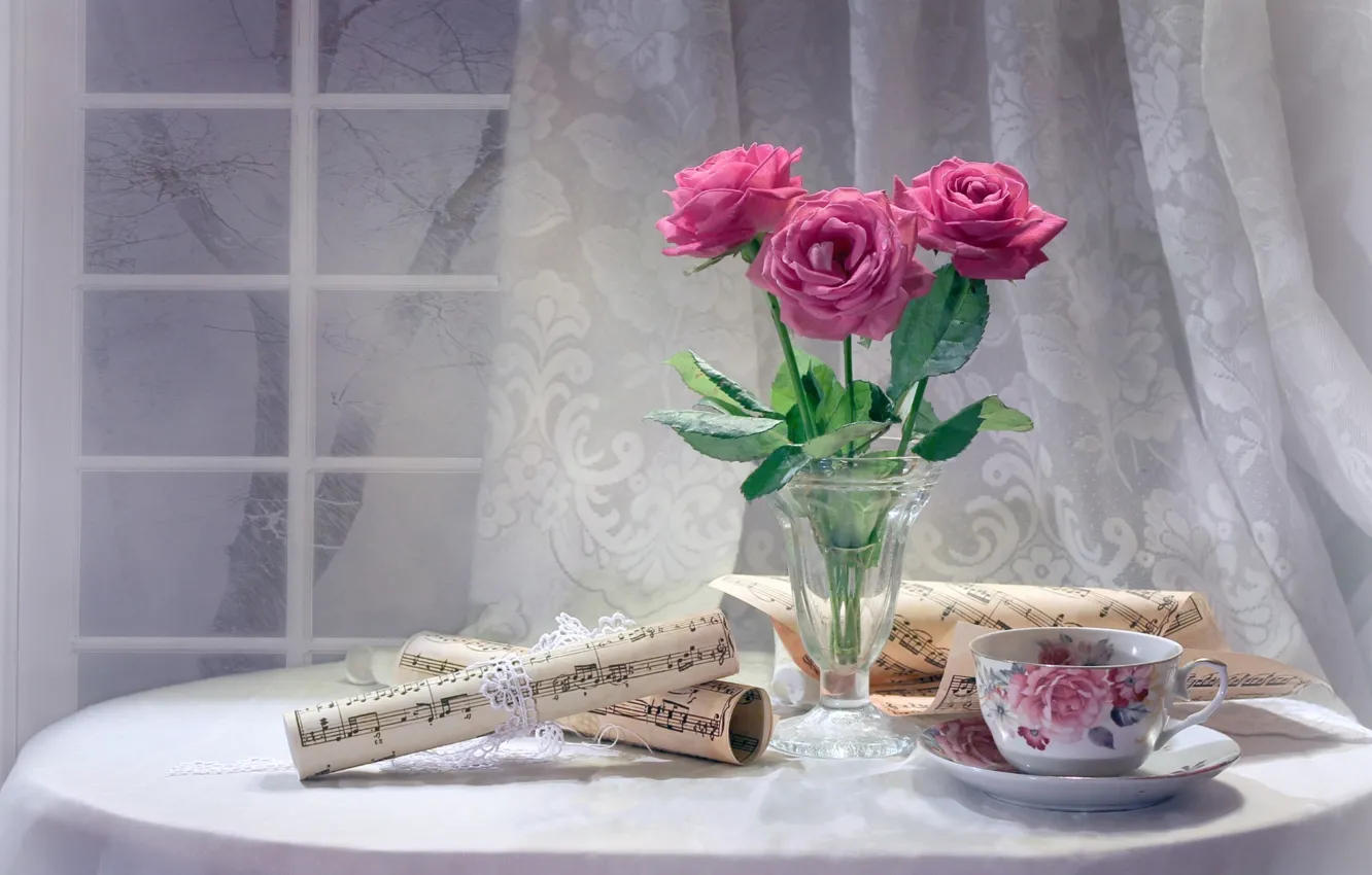 Photo wallpaper flowers, notes, roses, window, Cup, still life