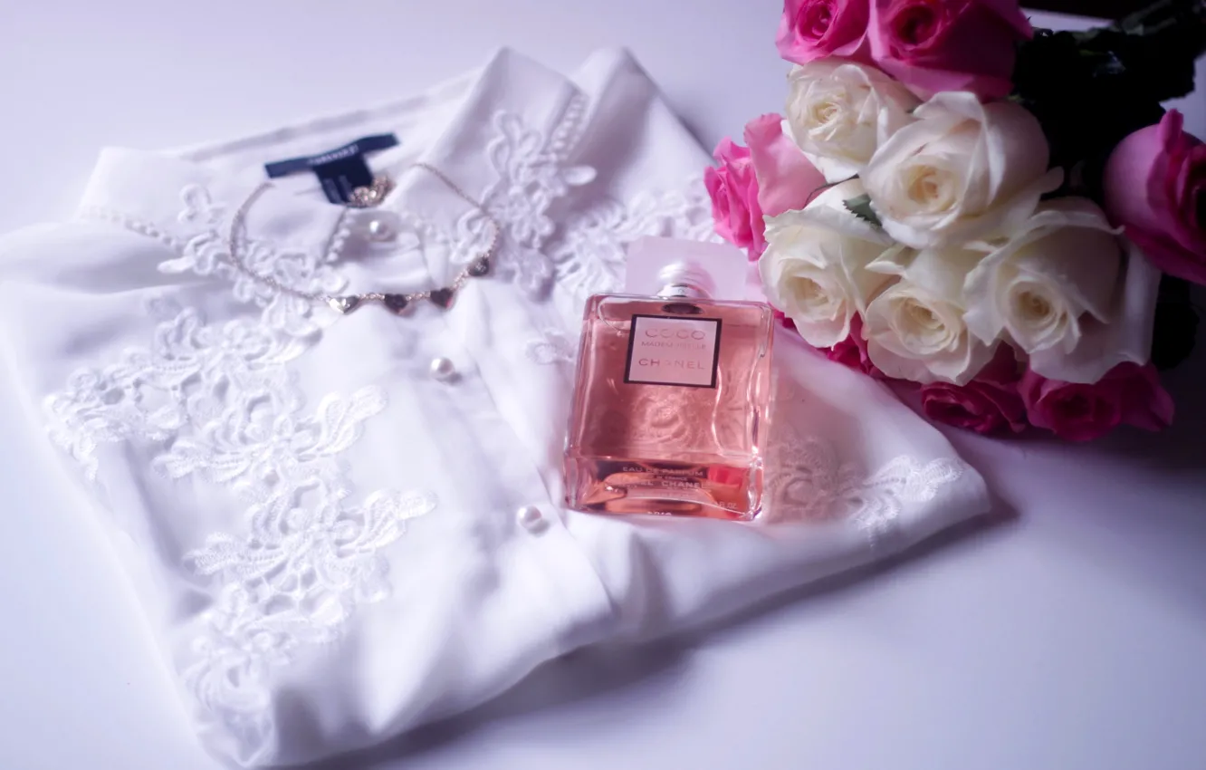 Photo wallpaper flowers, roses, bouquet, blouse, pink, white, perfume, blouse