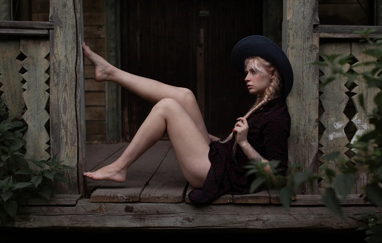 Photo wallpaper girl, pose, house, hat, barefoot, dress, blonde, porch