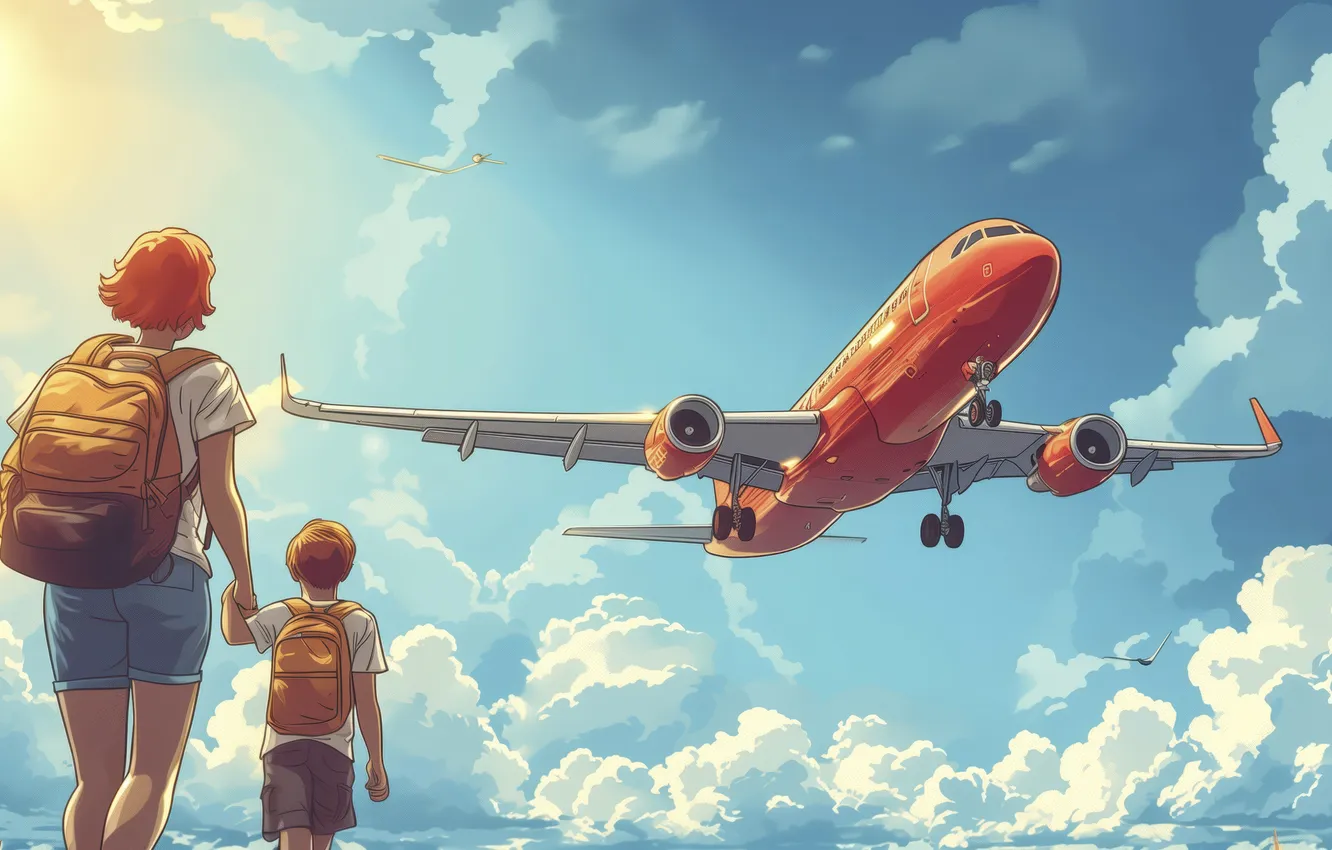 Photo wallpaper girl, clouds, boy, art, the plane, liner, two, the rise