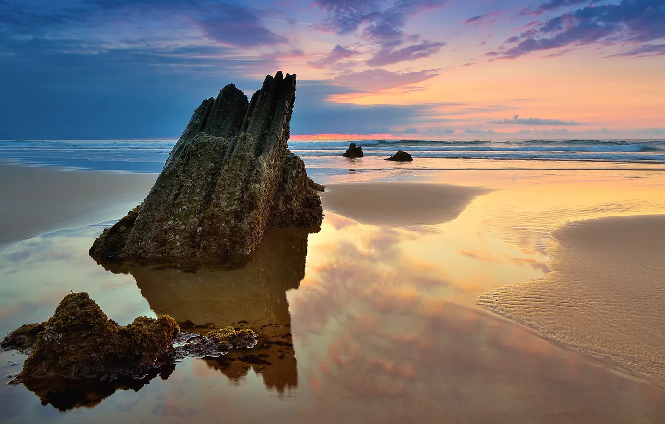 Photo wallpaper sea, beach, rock, paint, stone, sunset