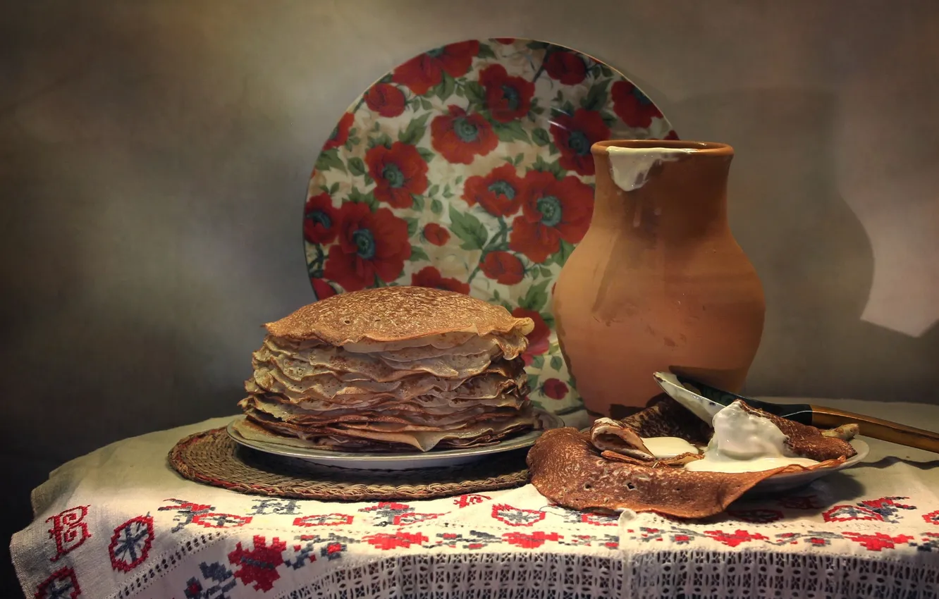 Photo wallpaper plate, pitcher, still life, pancakes, sour cream