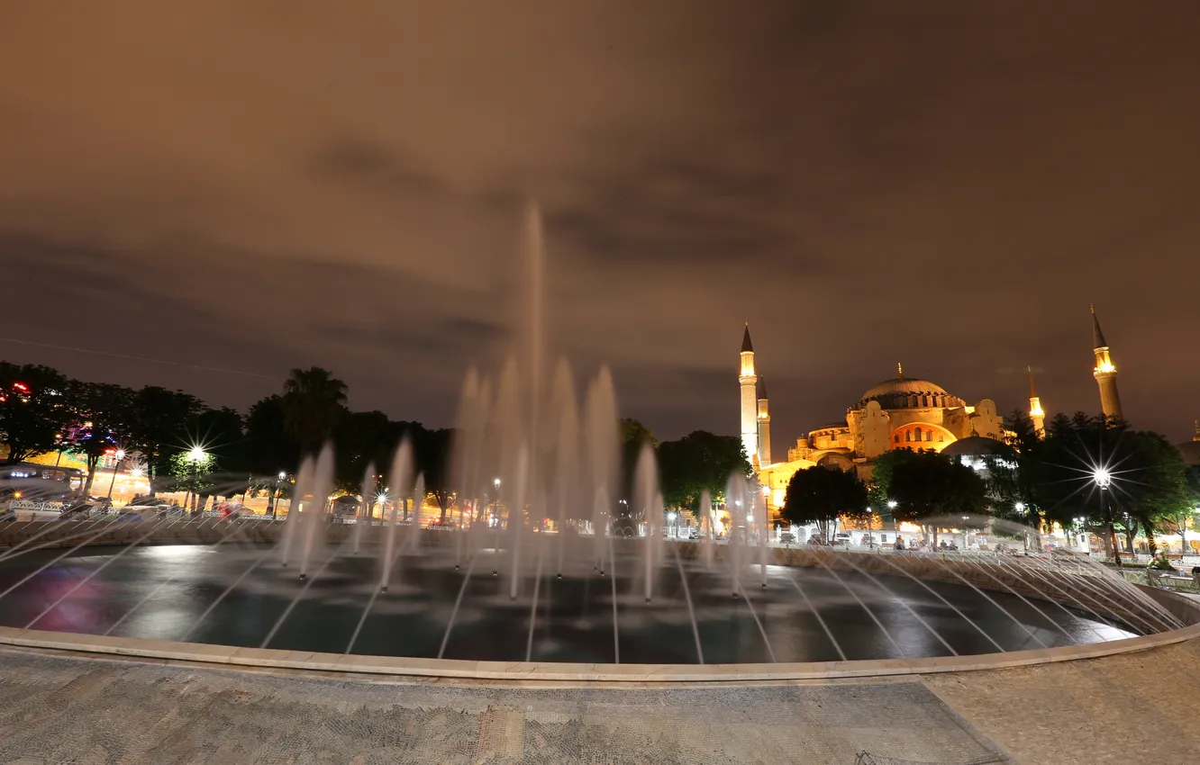 Photo wallpaper night, lights, Cathedral, fountain, mosque, Istanbul, Turkey, the minaret