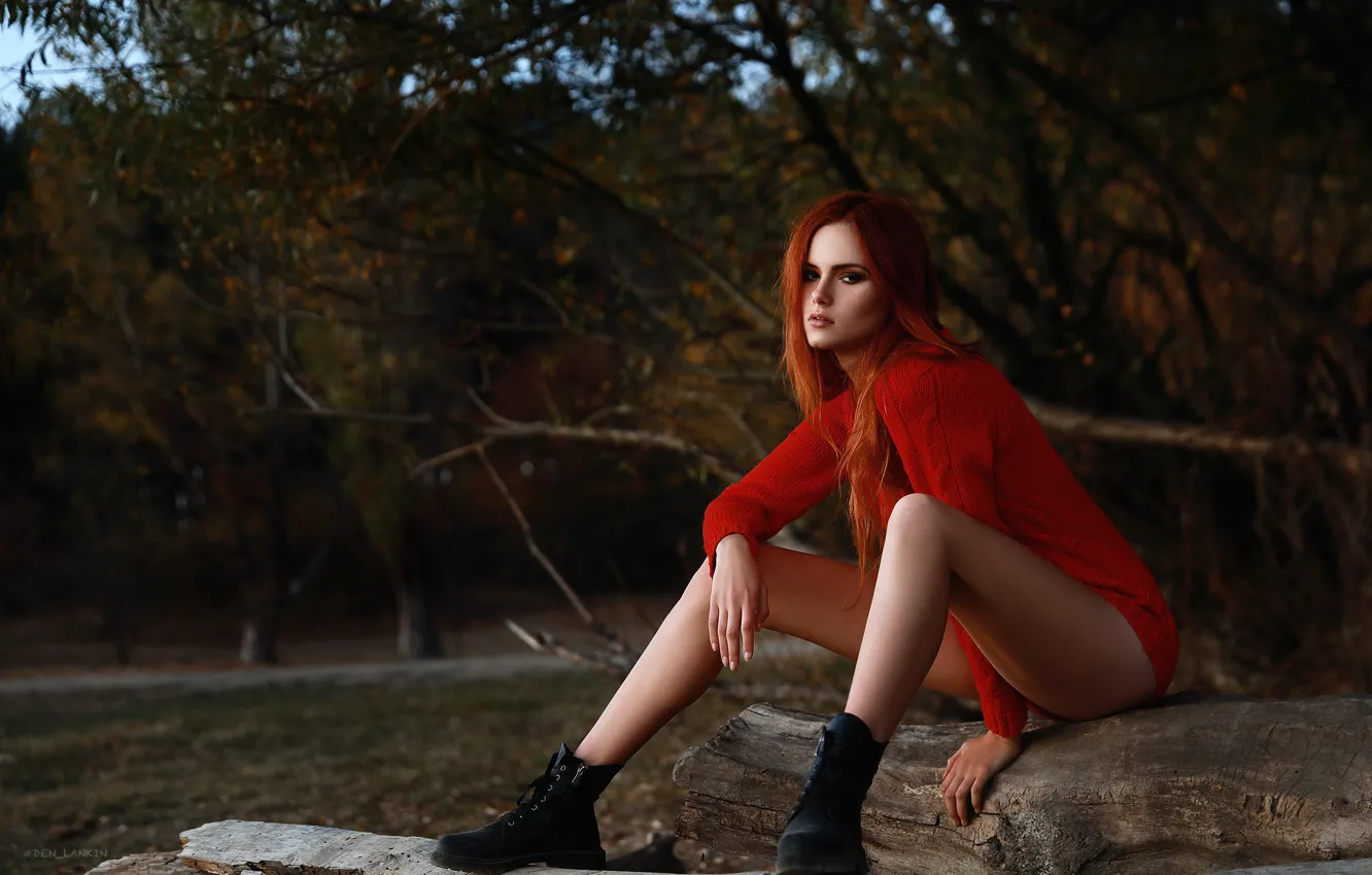 Photo wallpaper girl, pose, feet, shoes, red, log, redhead, sweater