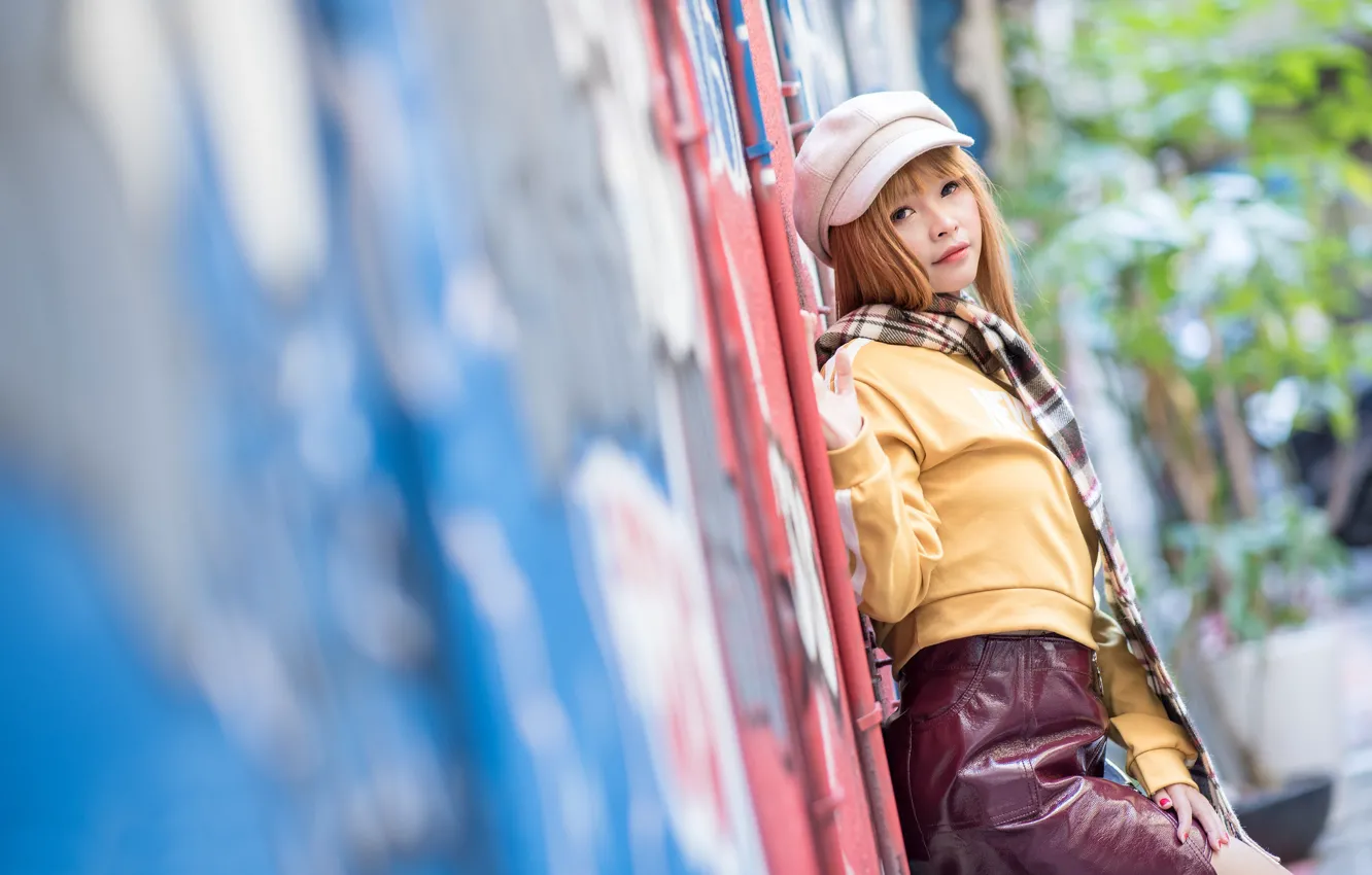 Photo wallpaper look, girl, hair, cap, Asian, bokeh