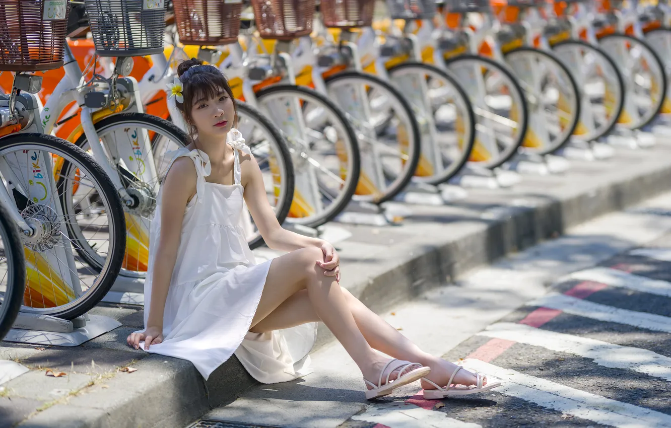 Photo wallpaper girl, bike, Asian