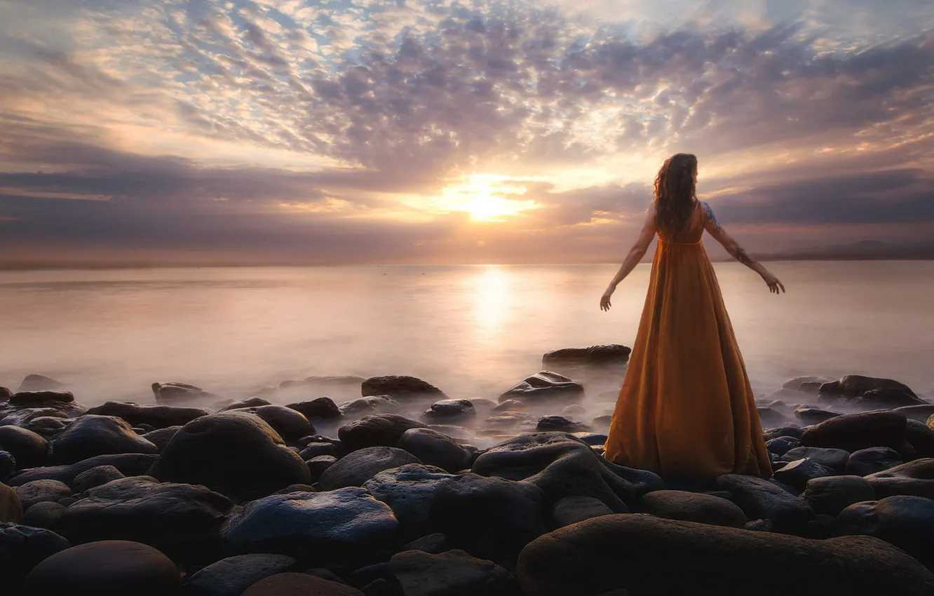 Photo wallpaper orange, romance, shore, look into the distance, girl, dal, the sun, horizon