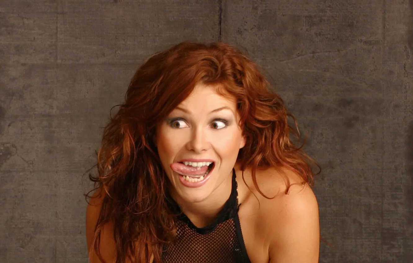 Photo wallpaper language, eyes, girl, mouth, red, the grimace