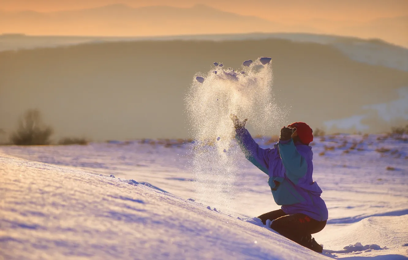 Photo wallpaper winter, girl, snow, joy