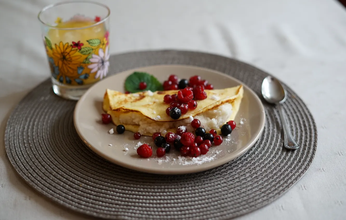 Photo wallpaper glass, berries, raspberry, food, Breakfast, pancakes, powdered sugar, filling