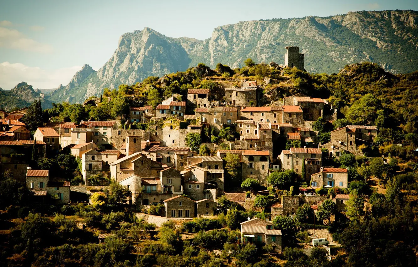 Photo wallpaper landscape, mountains, France, building, home, town, France