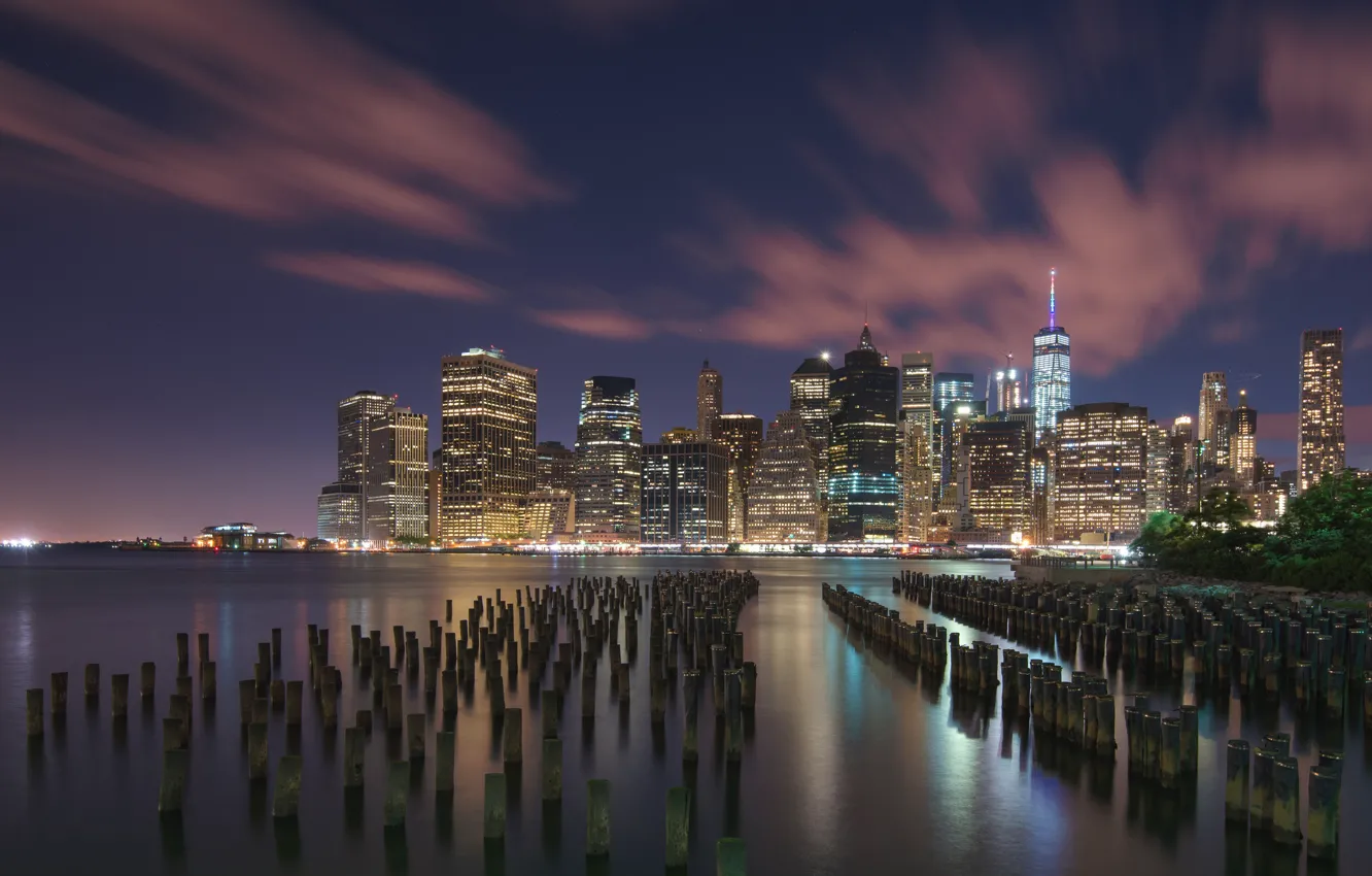 Photo wallpaper water, night, the city, lights, the evening, excerpt, USA, New York