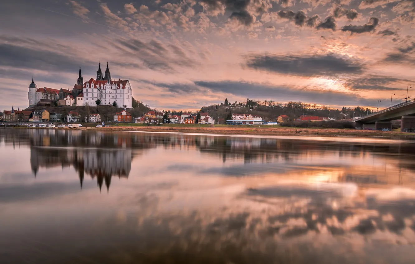 Photo wallpaper clouds, light, sunset, the city, reflection, castle, dawn, shore