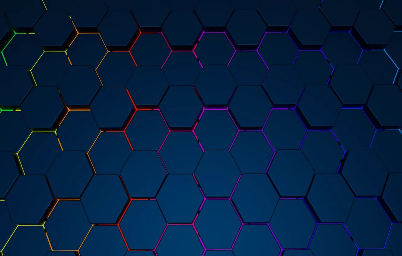 Photo wallpaper black, glow, hexagons, hexagon, abstraction, digital art, digital art, honeycomb