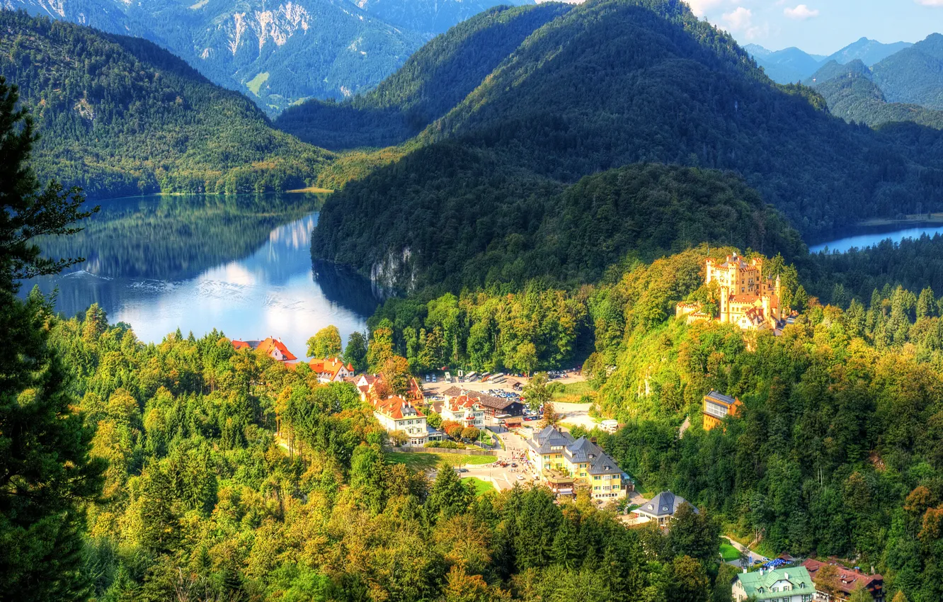 Photo wallpaper greens, forest, the sun, trees, mountains, lake, castle, HDR