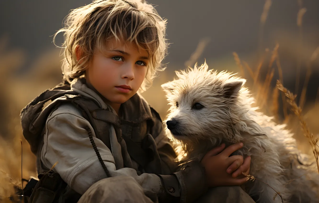 Photo wallpaper look, children, each, dog, boy, two, digital art, AI art