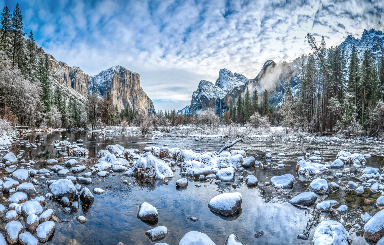 Photo wallpaper winter, forest, snow, trees, mountains, river, stones, CA