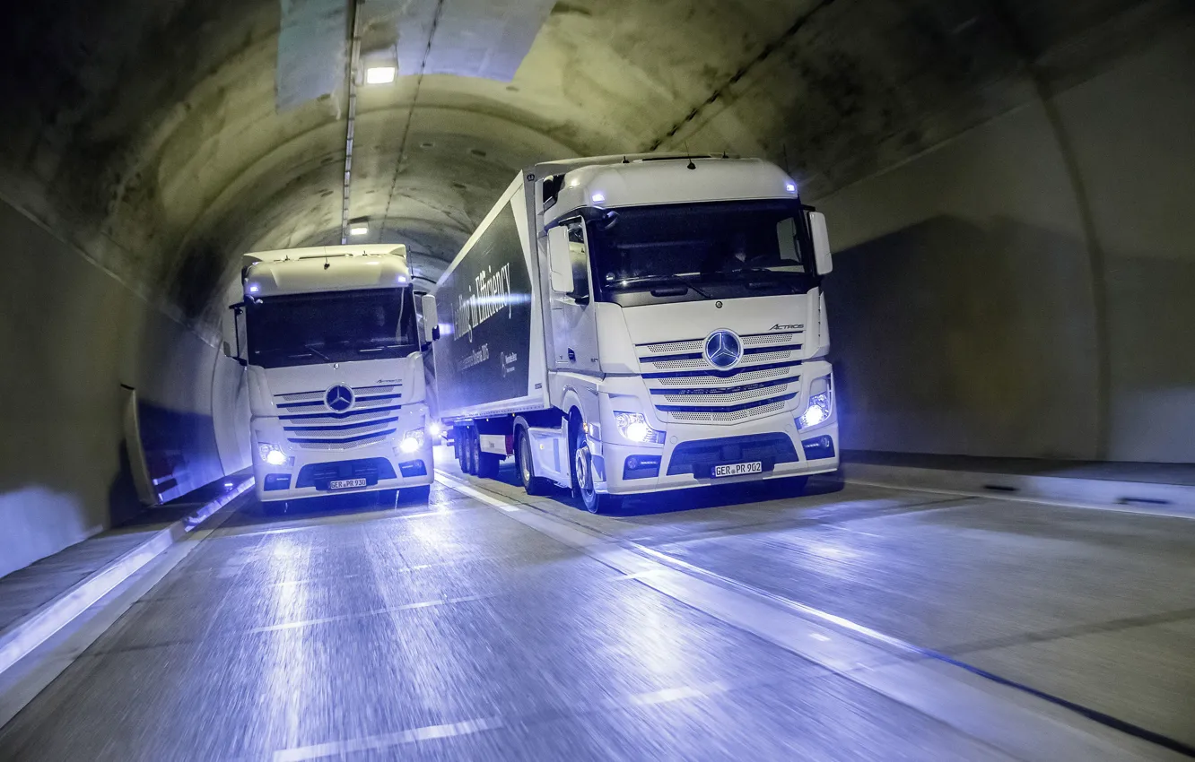 Photo wallpaper Mercedes, Benz, the tunnel, two, Actros