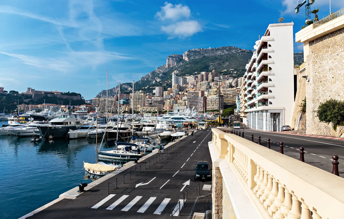 Photo wallpaper road, mountains, yacht, pier, Monaco, houses, Monaco, Monte Carlo
