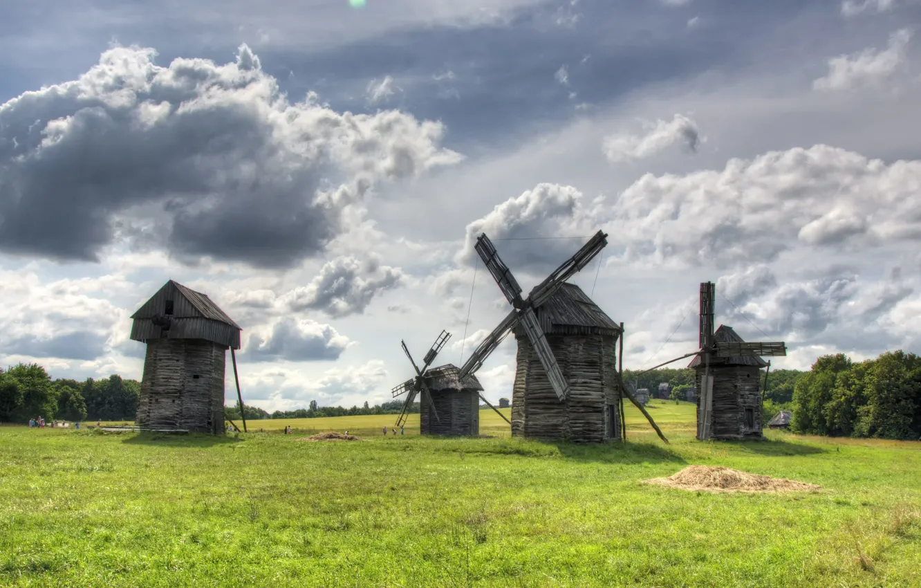 Photo wallpaper greens, field, the sky, clouds, green, mill, sky, field