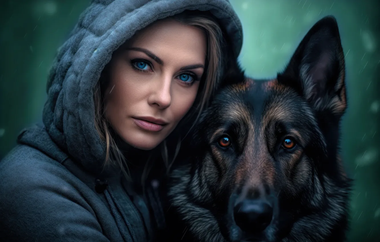Photo wallpaper girl, each, rain, woman, portrait, dog, jacket, hood