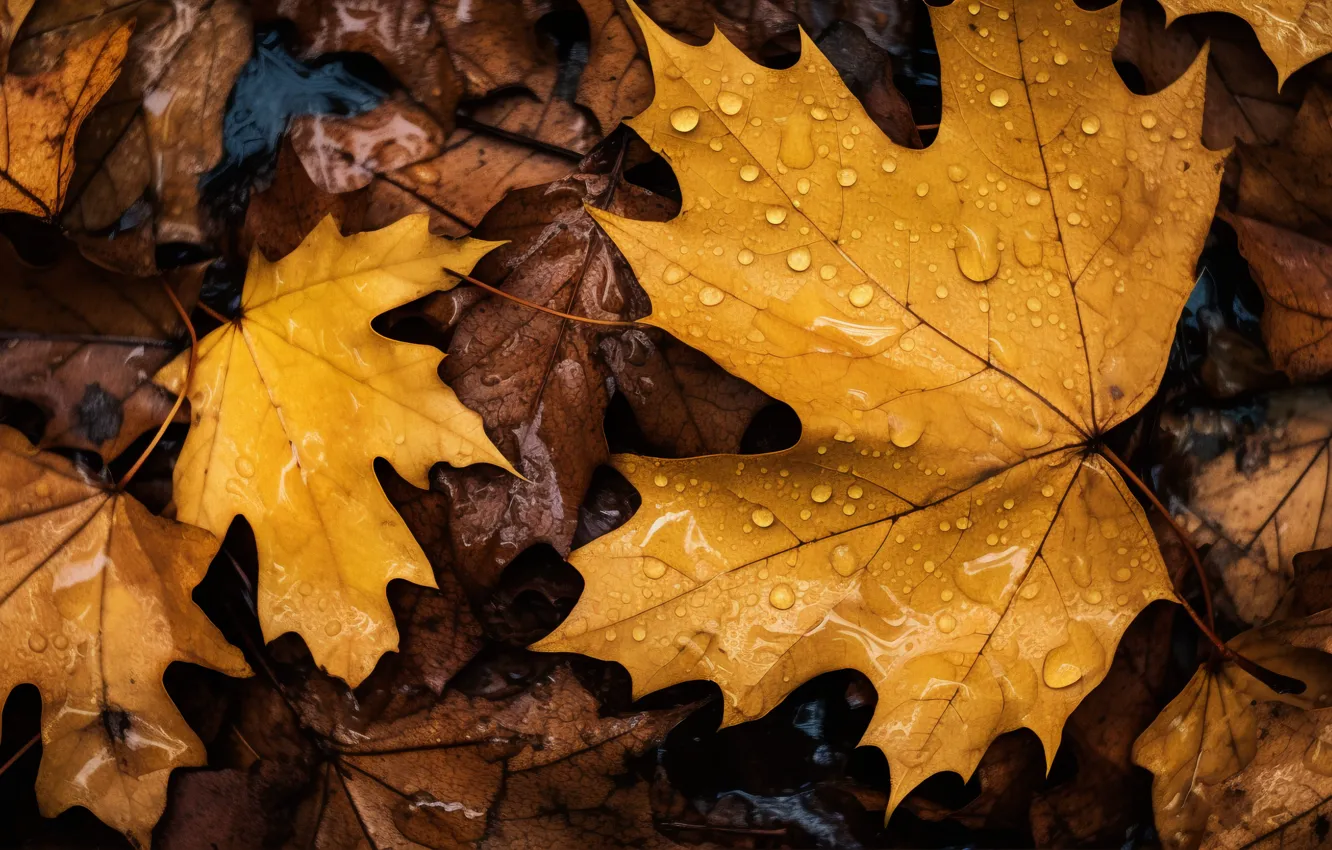 Photo wallpaper autumn, leaves, water, drops, background, rain, maple, close-up