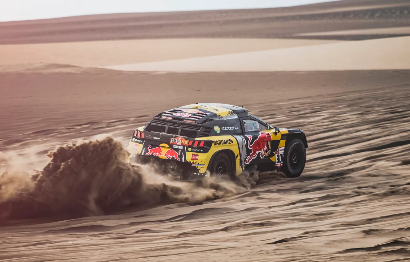 Photo wallpaper Sand, Auto, Sport, Machine, Race, Peugeot, Red Bull, Rally