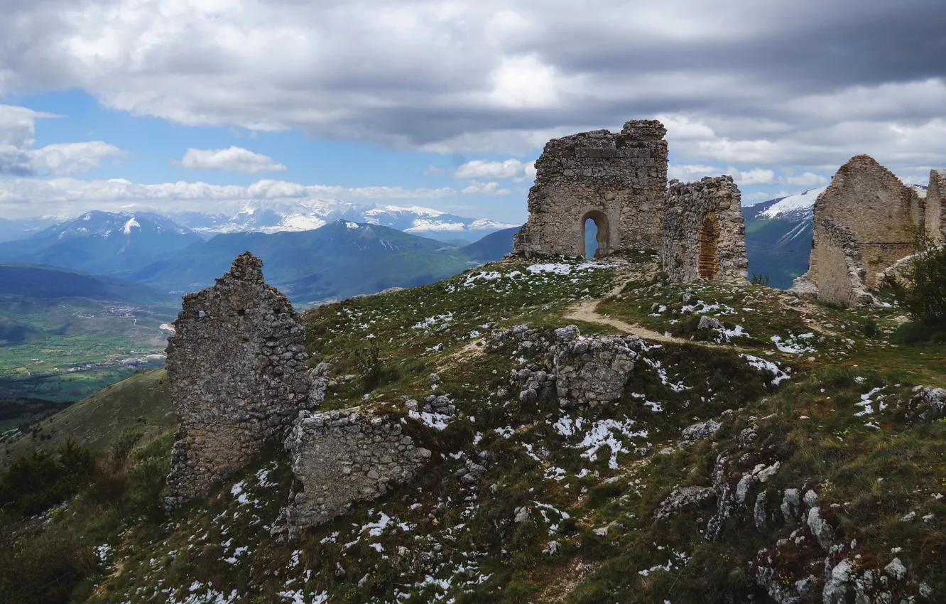 Photo wallpaper the sky, clouds, snow, mountains, nature, fog, stones, castle