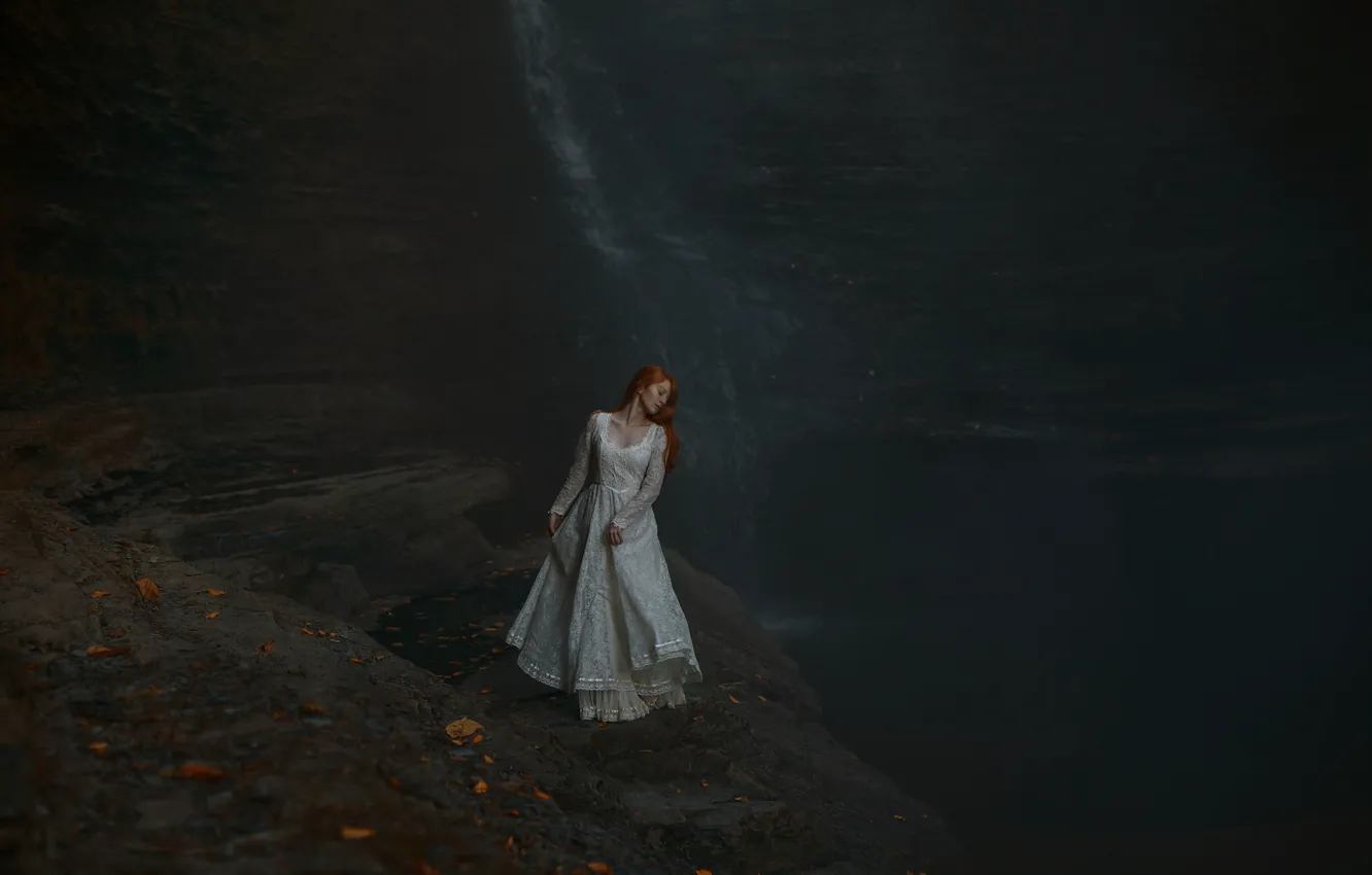 Wallpaper girl, open, waterfall, dress, redhead, Aleah Michele