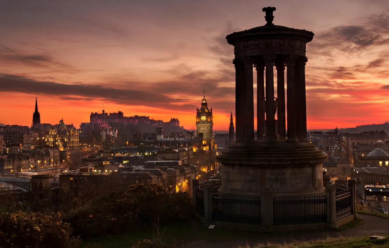 Photo wallpaper sunset, lights, Scotland, twilight, Edinburgh, old town, lookout, a monument to the philosopher Dugald Stewart