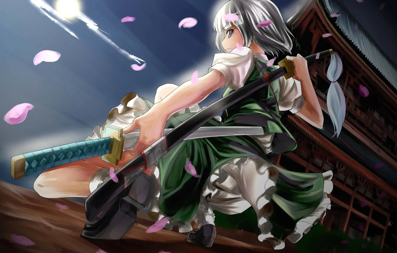 Photo wallpaper weapons, katana, petals, art, temple, touhou, Konpaku Youmu, lvcong