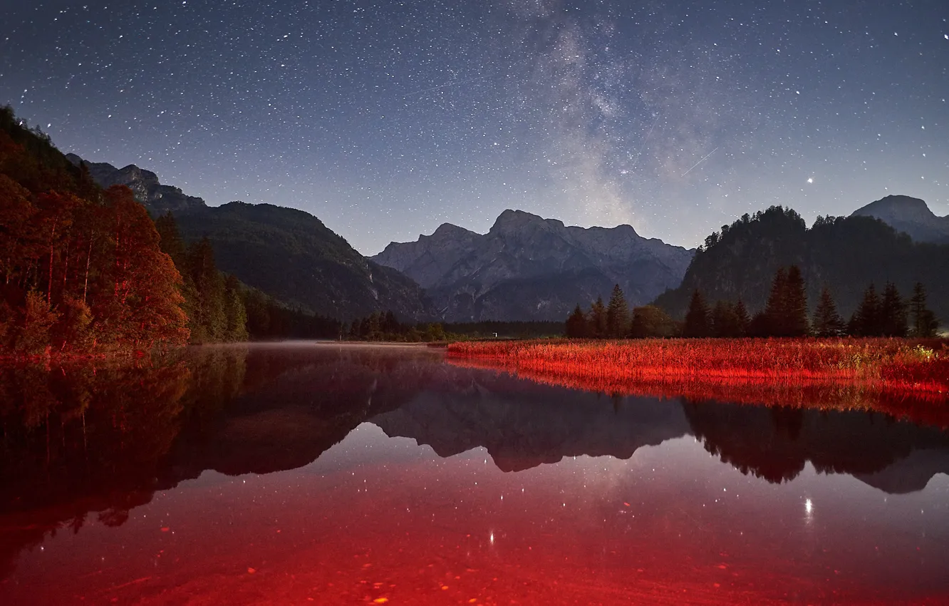 Photo wallpaper stars, trees, landscape, mountains, night, nature, lake, reflection