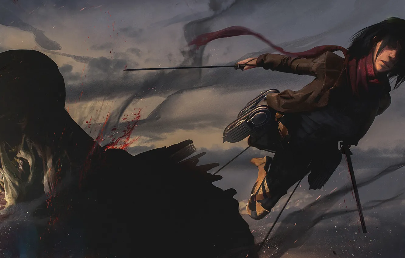 Photo wallpaper girl, weapons, blood, Titan, Attack Of The Titans, Mikasa Ackerman