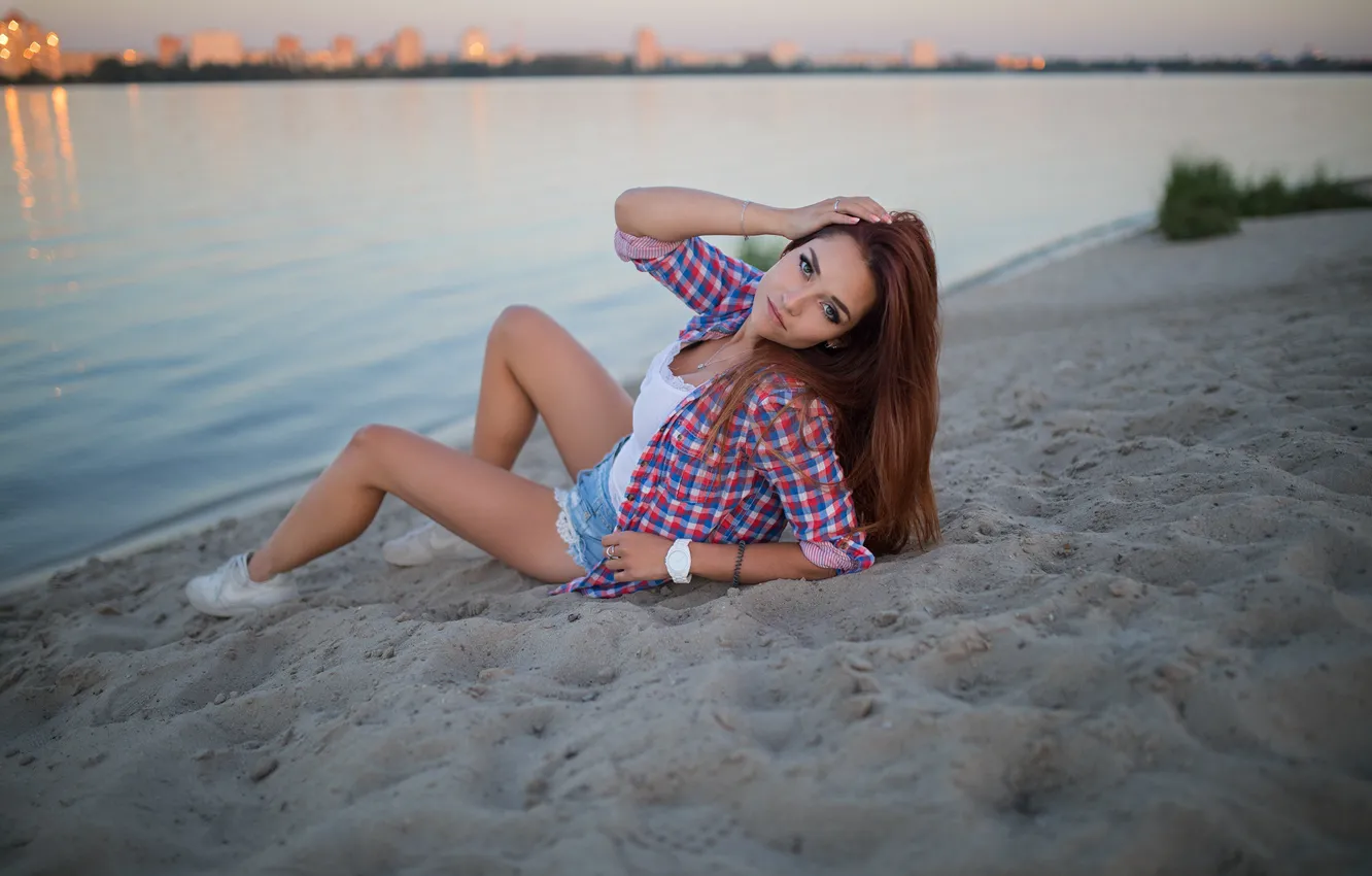 Photo wallpaper sand, beach, water, girl, pose, shorts, Dmitry Shulgin, Elena Trakhtenberg (Lenny)