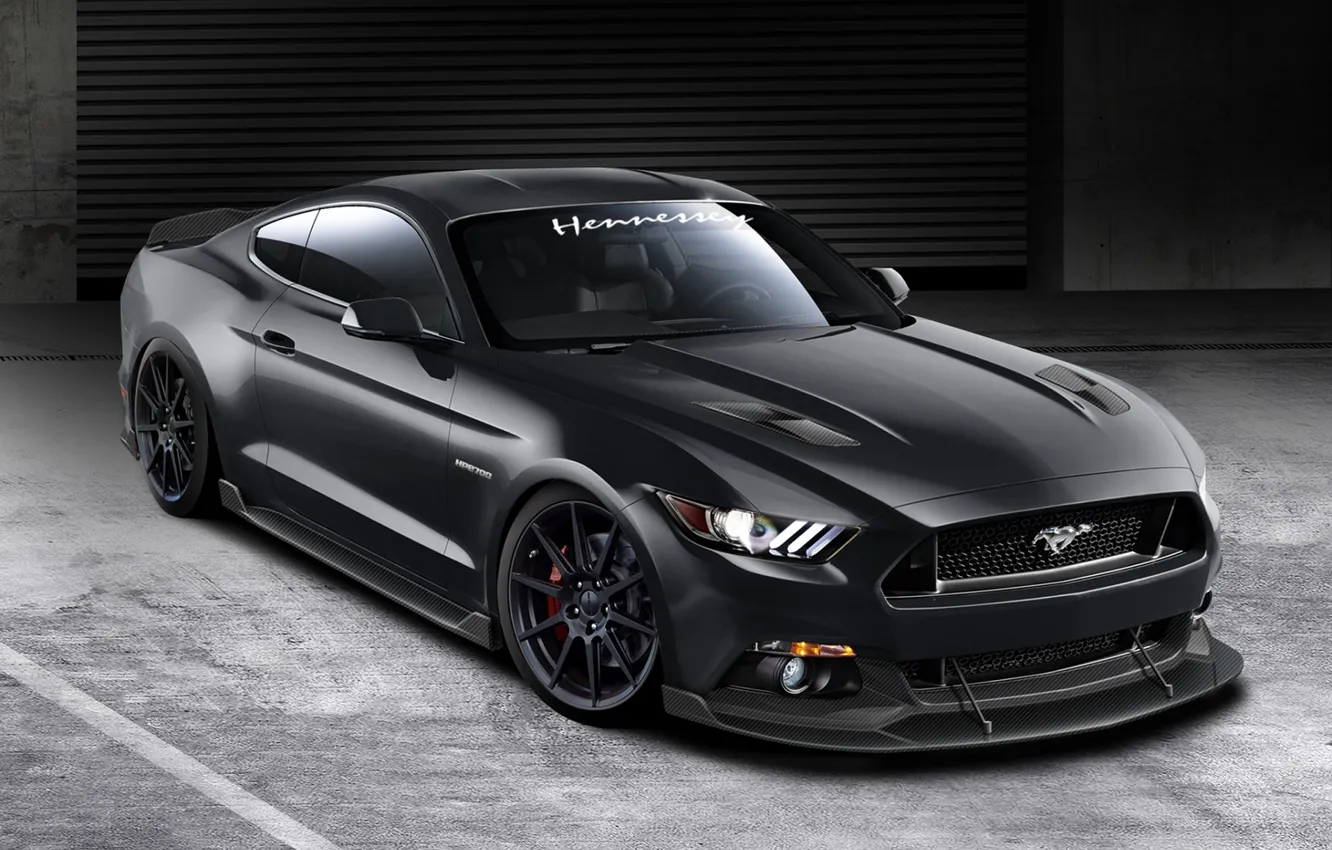 Photo wallpaper Mustang, Ford, Front, Black, Hennessey, 2015, Hpe700