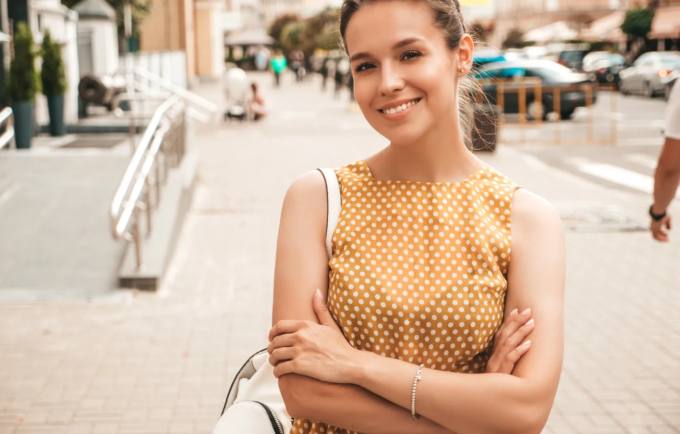 Photo wallpaper girl, dress, beautiful, street, pretty, sweet