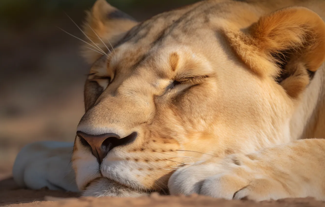 Photo wallpaper face, sleep, sleeping, lies, lioness, digital art, AI art, The Art of Artificial Intelligence
