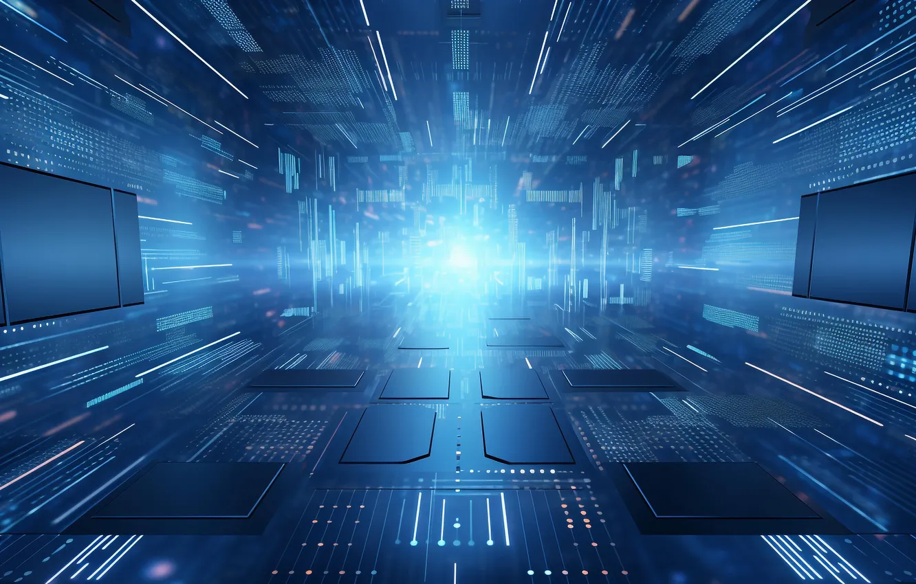 Photo wallpaper line, abstraction, space, movement, perspective, glow, blue background, center