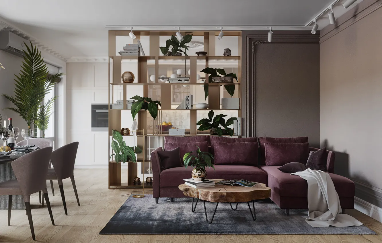Photo wallpaper design, plant, interior, sofa, living room, dining room, ekostil, separation of space