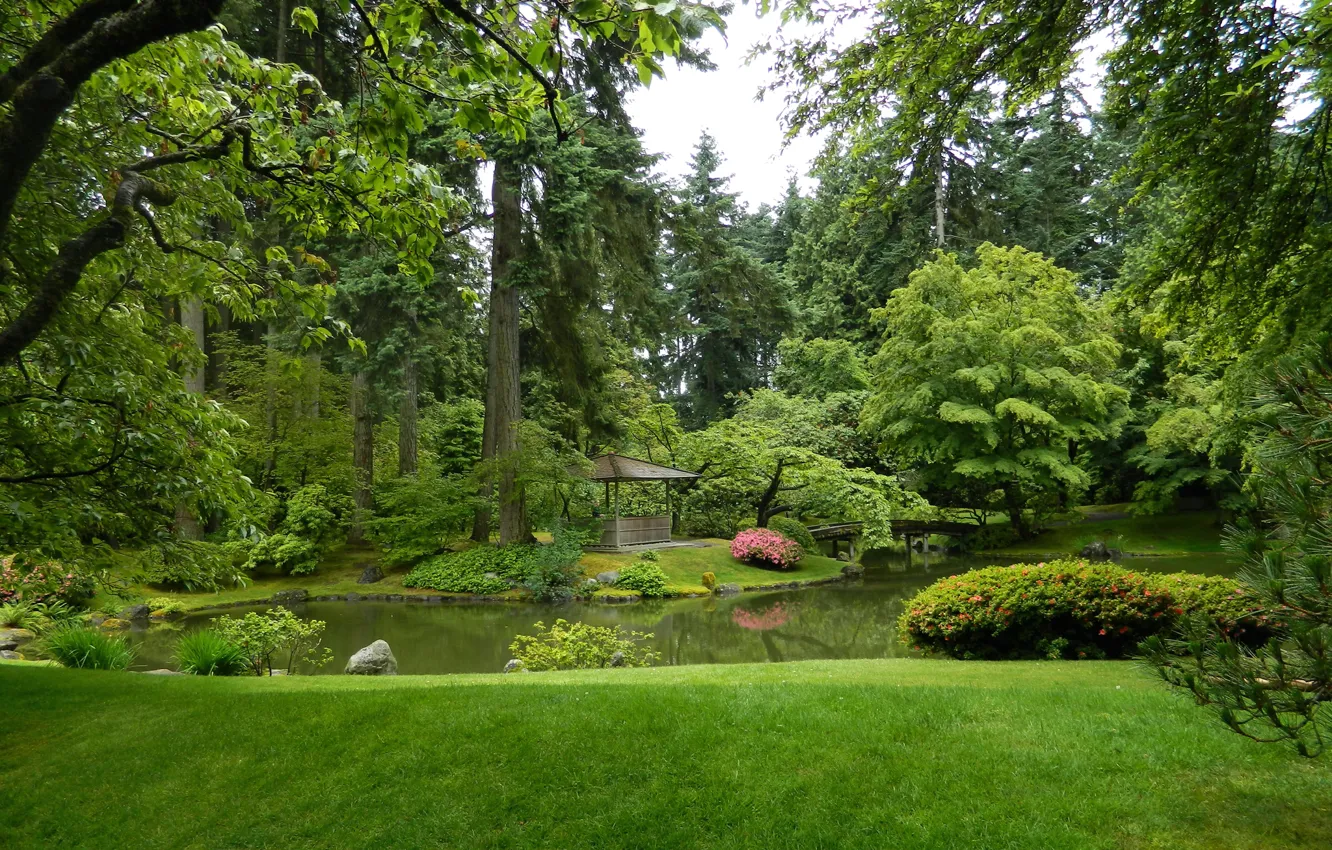 Photo wallpaper greens, grass, trees, pond, garden, Canada, Vancouver, gazebo