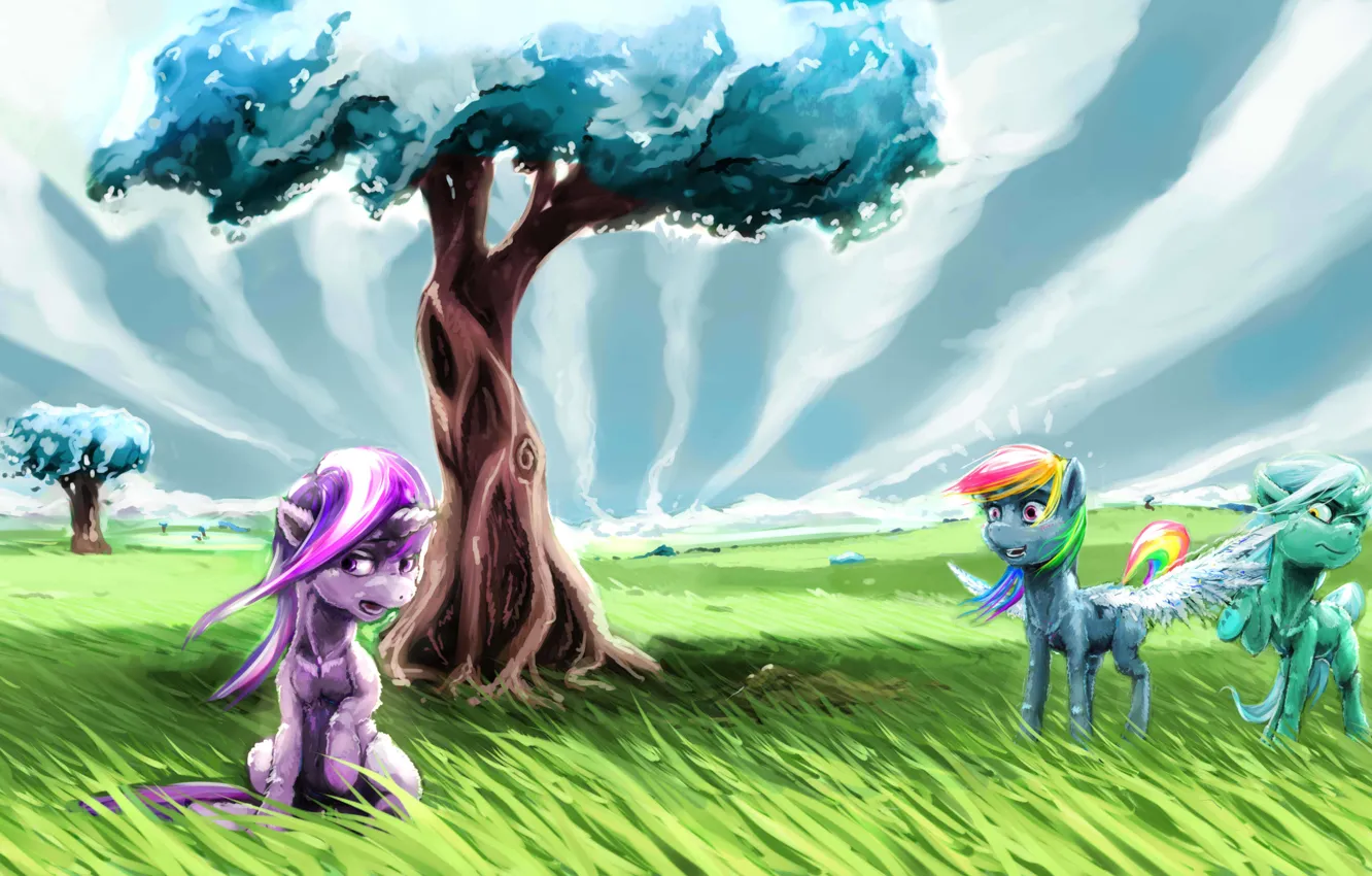 Photo wallpaper the sky, grass, trees, art, pony, My Little Pony, Rainbow Dash, Twilight Sparkle