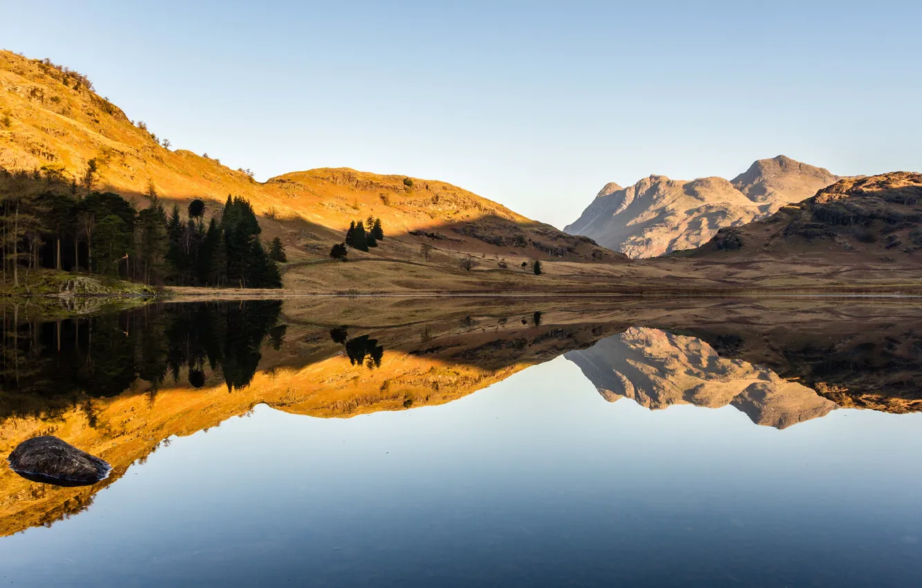 Photo wallpaper the sky, trees, mountains, lake, reflection