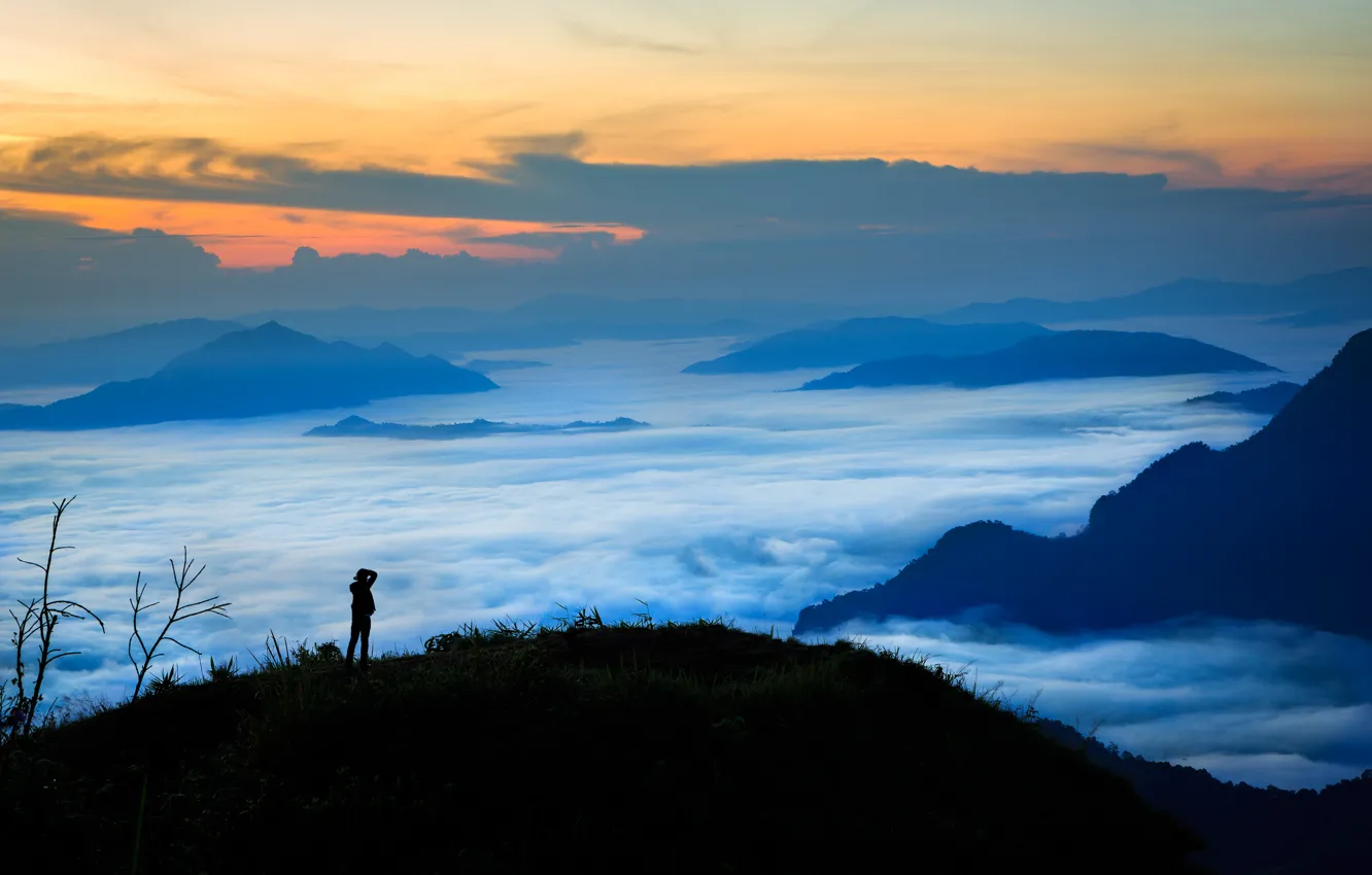 Photo wallpaper the sky, clouds, sunset, mountains, fog, people, silhouette