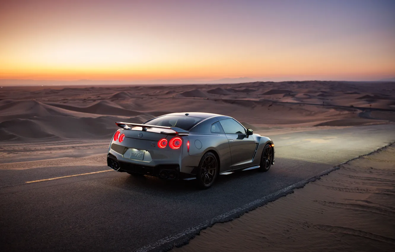 Photo wallpaper the dunes, desert, dunes, Nissan, GT-R, Nissan, R35, brake lights