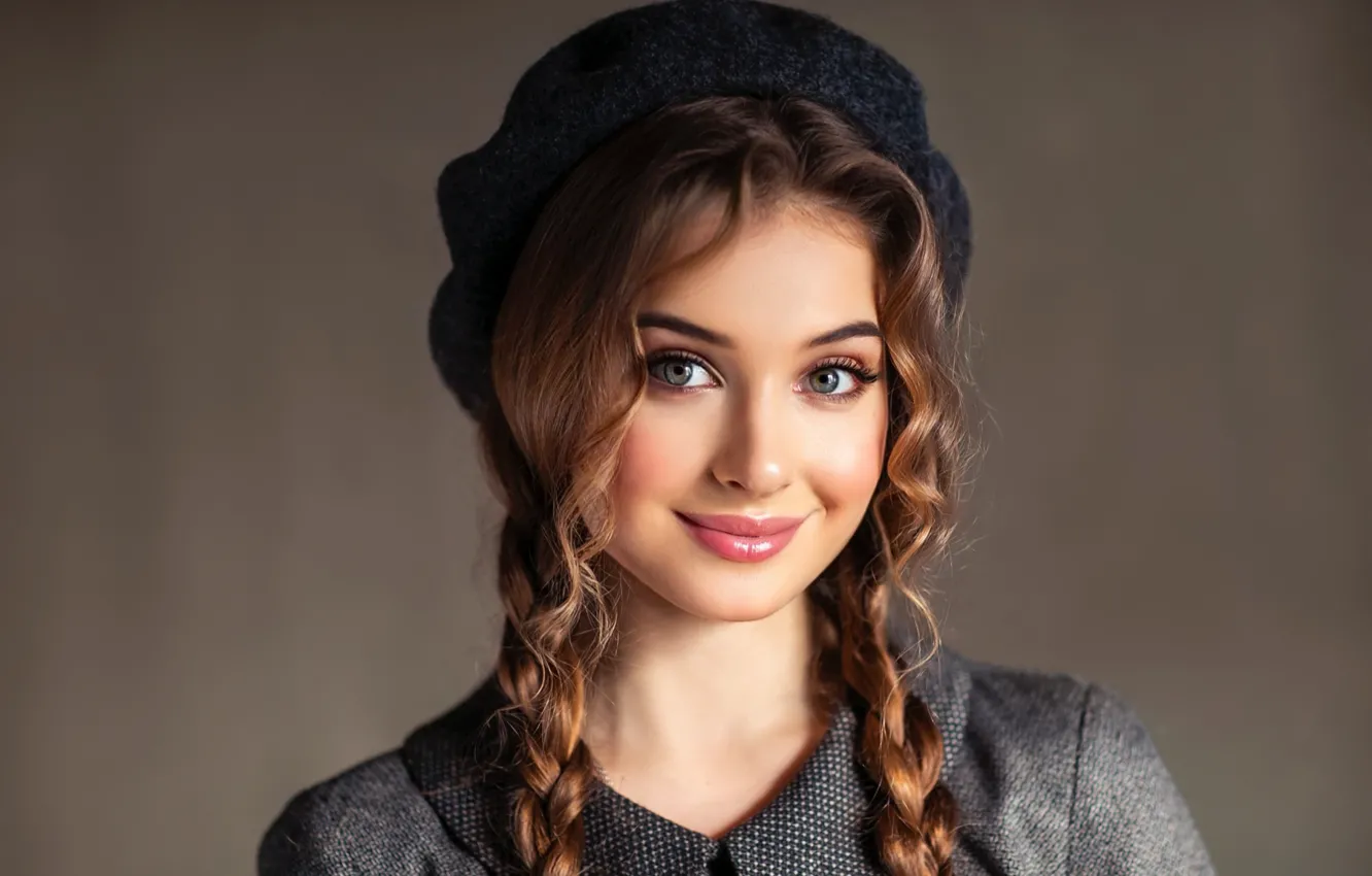 Photo wallpaper girl, smile, portrait, makeup, brown hair, takes, braids, Olga Boyko