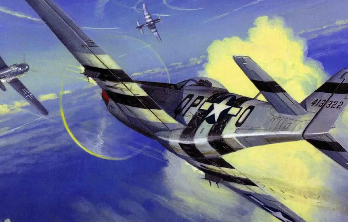 Photo wallpaper figure, dogfight, bf-109, P-51D, 4TH FIGHTER GROUP, MUSTANG