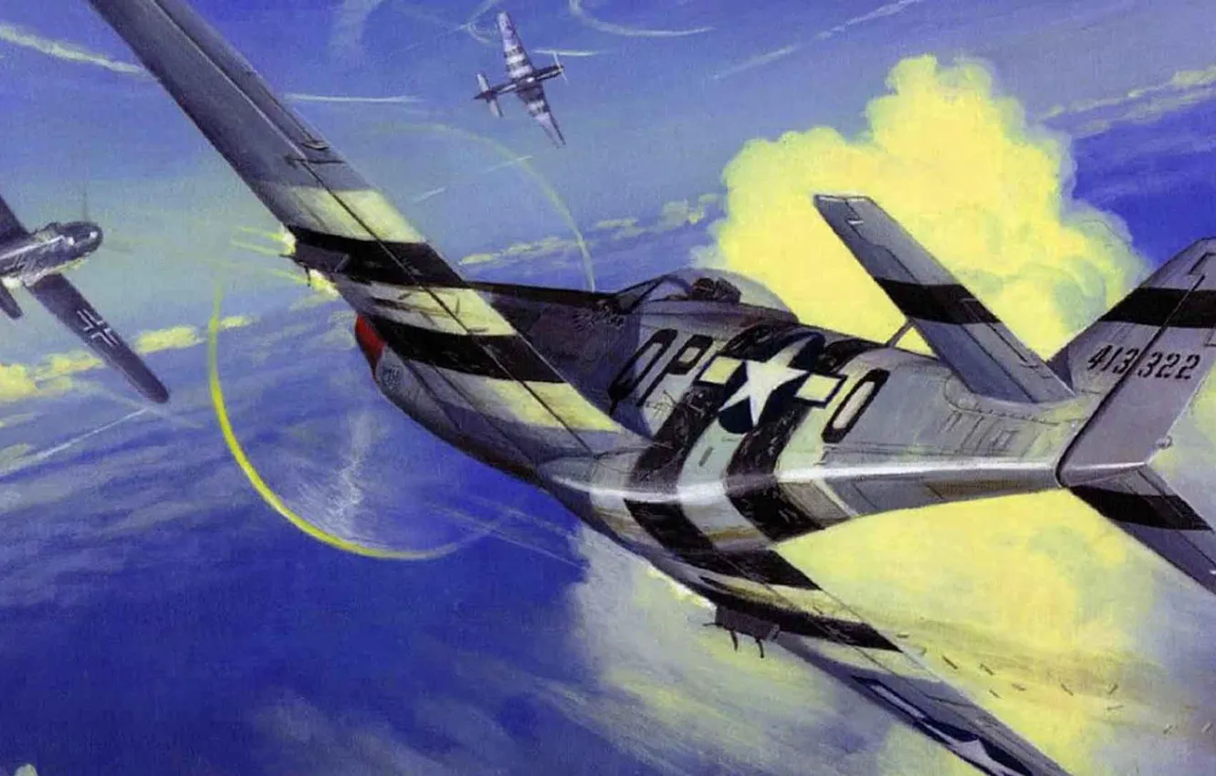 Photo wallpaper figure, Mustang, dogfight, Bf-109, P-51D, 4TH FIGHTER GROUP